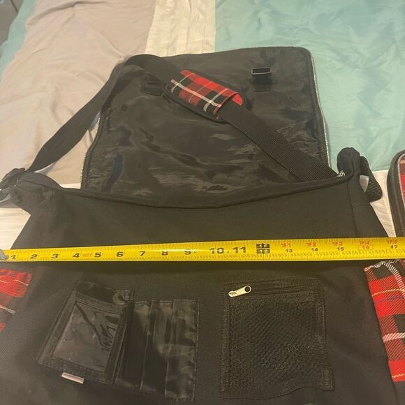 Justice Red Plaid Messenger Bag & Binder with Peace Sign studded accents. - Picture 9 of 10